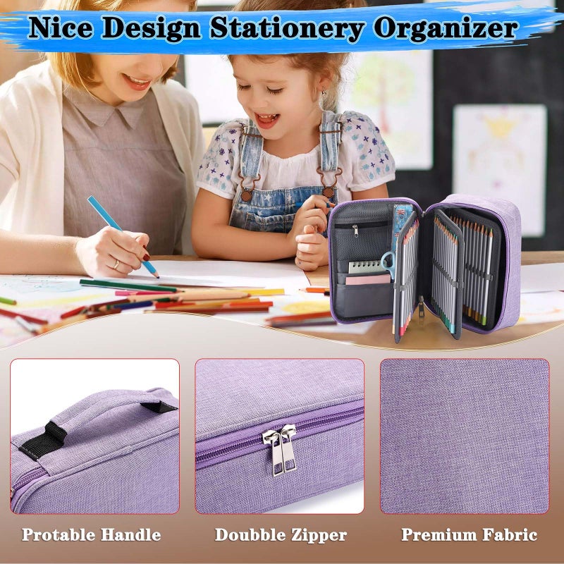 BTSKYÂ® High Capacity Zipper Pens Pencil Case- Multi-Functional Stationery Pouch 72 Slots Colored Portable Pencil Bags With 2 Removable Sleeves(Purple) - Image 3
